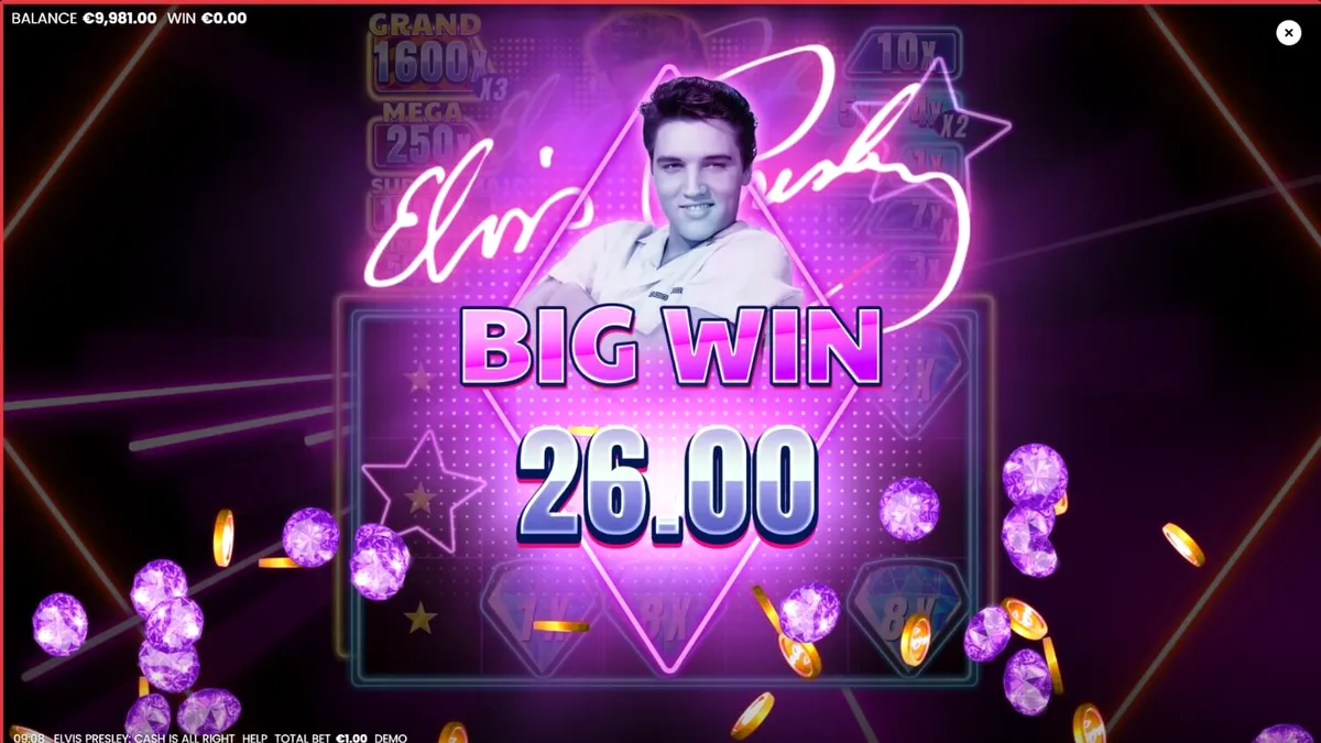 Tampilan visual slot Elvis Presley: Cash is All Right dengan nuansa neon Vegas