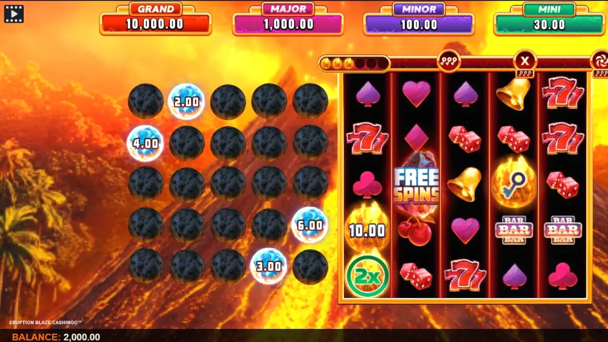 Tampilan visual slot Eruption Blaze Cashingo dengan tema gunung berapi dan koin emas.