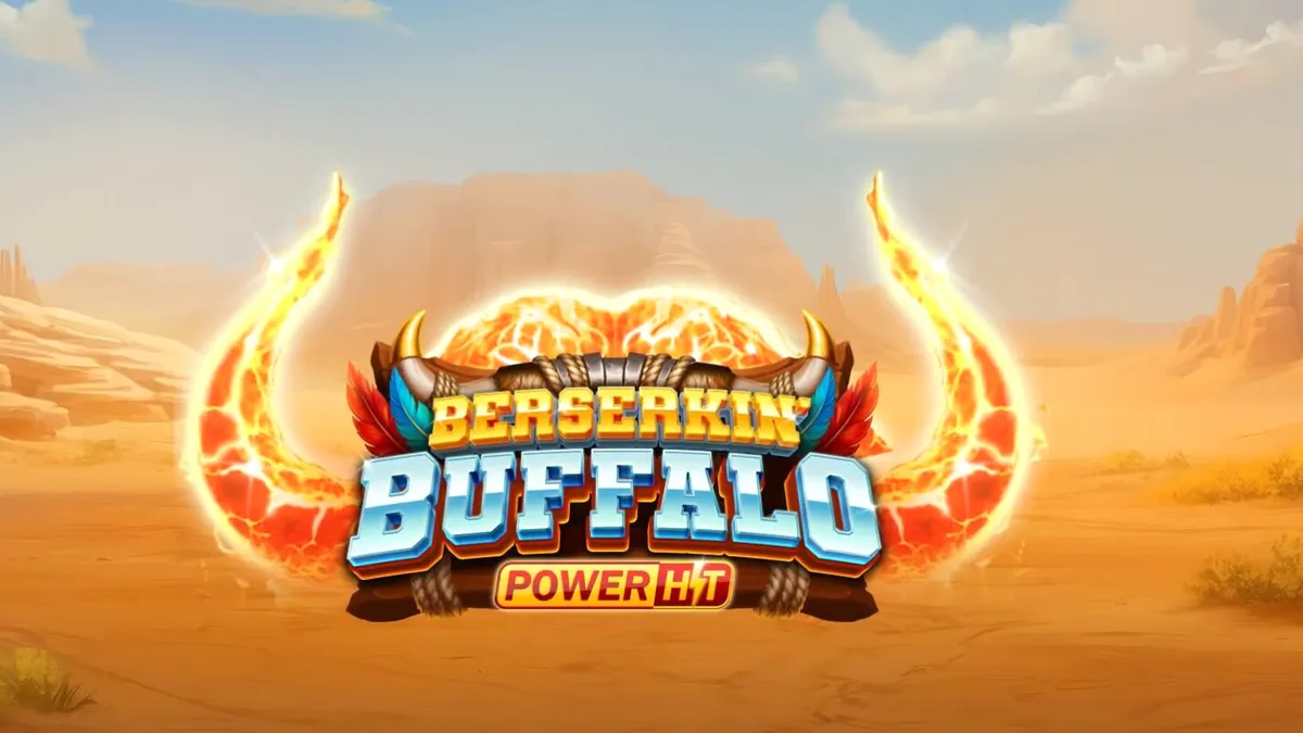 Tampilan visual slot Berserkin’ Buffalo Power Hit dengan simbol kerbau dan latar belakang badai.
