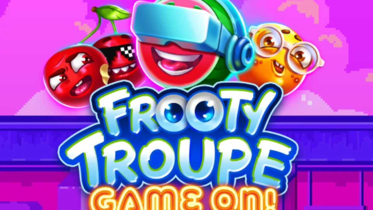Tampilan visual retro dari slot Frooty Troupe dengan simbol buah-buahan pixel art.